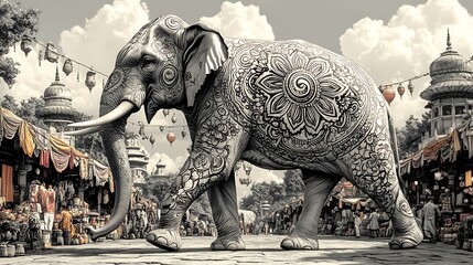 Fototapeta premium A grand elephant with swirling mandala designs etched into its skin, walking through a vibrant Indian market. The background is filled with colorful textiles and hanging lanterns, under a bright,