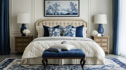 Luxurious bedroom featuring navy blue and cream color scheme, elegant bedding, and stylish decor. serene atmosphere is enhanced by decorative pillows and tasteful lighting