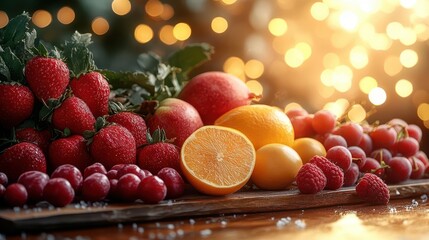 Naklejka premium rustic wooden table adorned with seasonal fruits set against a dreamy bokehlit background creating a warm inviting atmosphere soft golden hues illuminate the scene