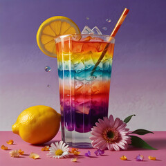 A vibrant and stunning painting of a colorful, multi-layered drink with ice cubes and floral garnishes. The glass features a gradient from deep purple at the bottom to pink and orange at the top