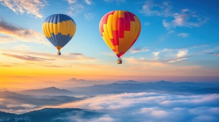 Obraz premium Two hot air balloons soar above a sea of clouds at sunrise.