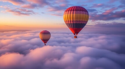 Naklejka premium Two hot air balloons fly above a sea of clouds during a colorful sunrise.