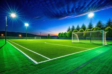 Fototapeta premium Lush Green Football Field Wallpaper with Markings and Goalposts Under Clear Blue Sky Background