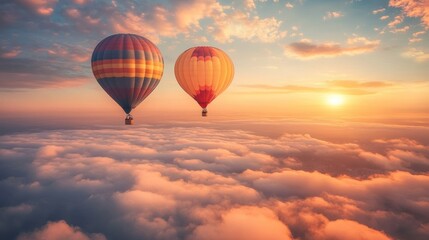 Obraz premium Two hot air balloons fly high above a sea of clouds in a breathtaking sunset.