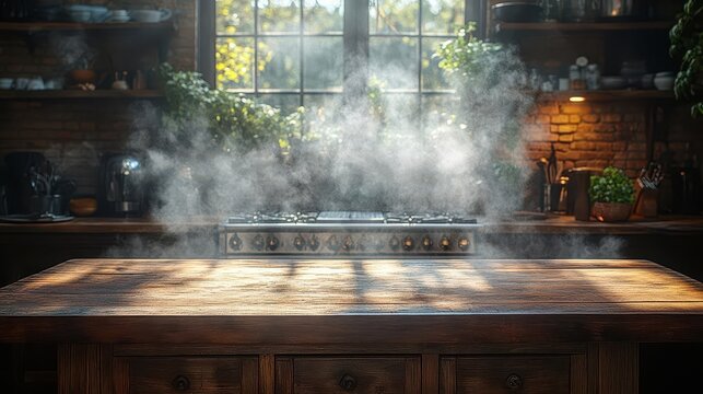 rustic wooden table shrouded in gentle smoke creating an atmospheric kitchen scene perfect for product presentation evoking warmth and nostalgia for homecooked meals