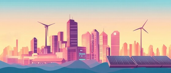 Obraz premium A vibrant sunset cityscape featuring skyscrapers, wind turbines, and solar panels, highlighting sustainable urban energy solutions.