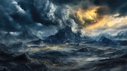 Fantasy artwork depicting a stunning black sand desert and mountainous landscapes beneath foreboding storm clouds