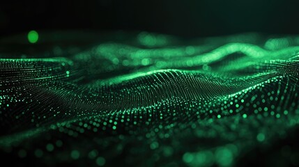 3D abstract background featuring green tech layers against a dark backdrop enhanced with glowing circular line details Contemporary graphic design elements included