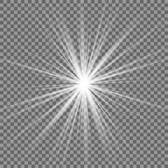 A twinkling white star on a light gray background. Sparkling and shining stars, bright flashes of lights with radiation. Vector EPS 10.