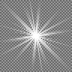 A twinkling white star on a light gray background. Sparkling and shining stars, bright flashes of lights with radiation. Vector EPS 10.