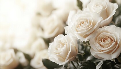 Obraz premium Delicate white roses in soft focus, symbolizing love and purity, perfect for floral themes and romantic occasions.
