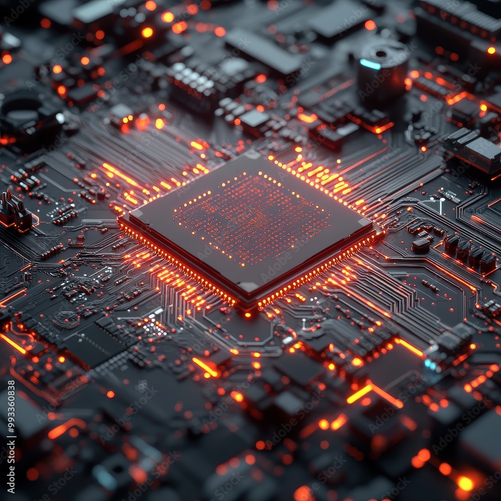 Aufkleber closeup of a modern computer processor with glowing red circuits - high tech background