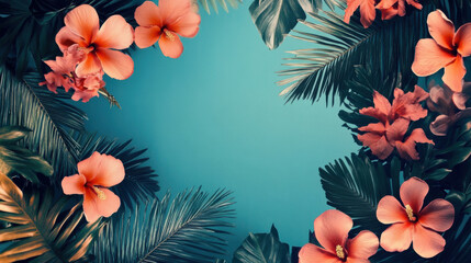 Fototapeta premium Vibrant tropical flowers and lush green leaves create stunning frame against teal background, evoking fresh and lively atmosphere