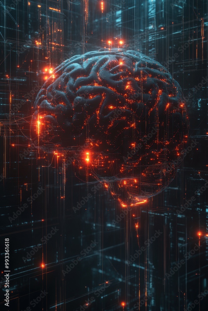 Poster abstract digital brain with glowing connections and data streams - ai, technology, neuroscience conc
