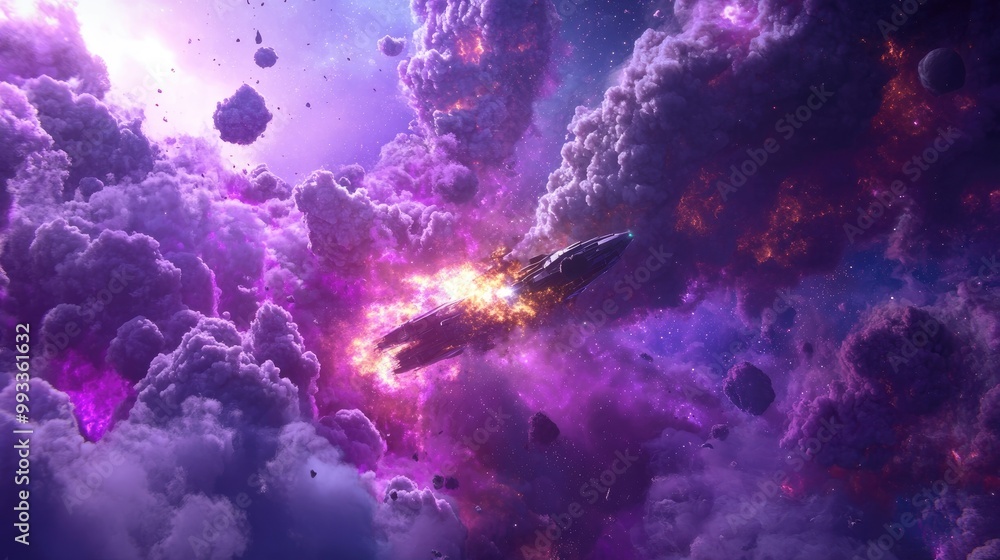 Poster a spaceship explodes in orbit around a distant planet surrounded by vibrant purple and pink clouds c