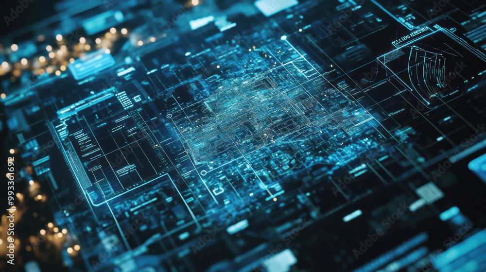 Poster futuristic digital interface showcasing intricate data patterns and connections, symbolizing advance