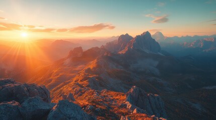 Fototapeta premium Panoramic view of mountain range during autumn sunrise