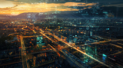Obraz premium stunning aerial view of modern cityscape illuminated by vibrant lights, showcasing advanced digital platforms and urban infrastructure. sunset casts warm glow over bustling metropolis, highlighting