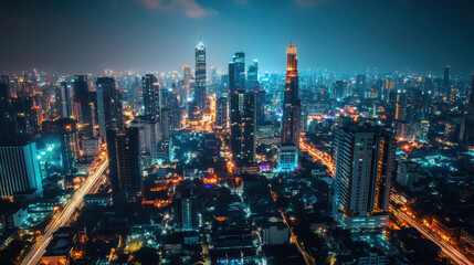 Obraz premium stunning cityscape at night, showcasing vibrant skyline filled with modern skyscrapers and illuminated streets. blend of lights creates captivating urban atmosphere