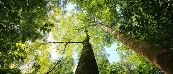 Fototapeta premium A breathtaking view of tall trees reaching towards the sky, surrounded by vibrant green foliage and dappled sunlight filtering through the leaves.