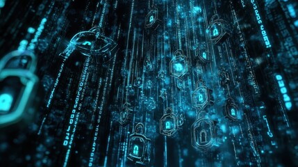 Naklejka premium Abstract Digital Security Concept with Glowing Padlocks and Binary Code.