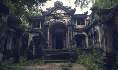 Overgrown, crumbling mansion with weathered steps.
