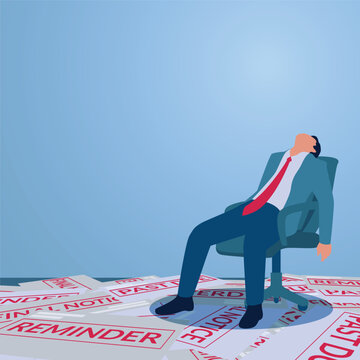 A man sits resignedly on a chair while the floor is scattered with piles of bills, an illustration of late bills, financial problems, budgeting failures, financial planning failures.