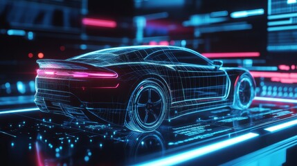 Futuristic Wireframe Car Concept in Neon Lights.