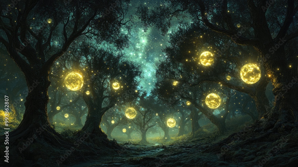 Poster a dim forest with gnarled trees is illuminated by enigmatic glowing orbs forming a haunting atmosphe