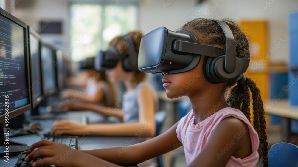 Poster immersed in technology, girl wears virtual reality headset while engaging with computer in classroom