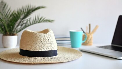 laptop and hat, work from home