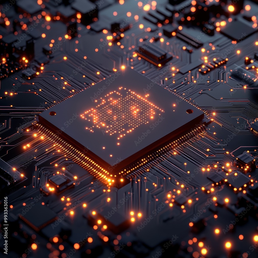 Poster glowing circuit board with cpu chip - technology background.