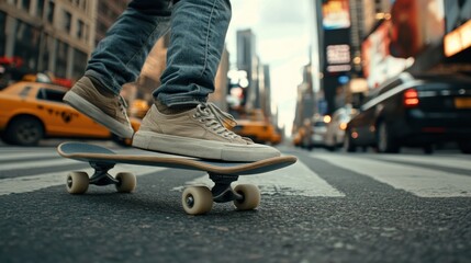 Close-up of skateboarder's feet as they ride down a city street.