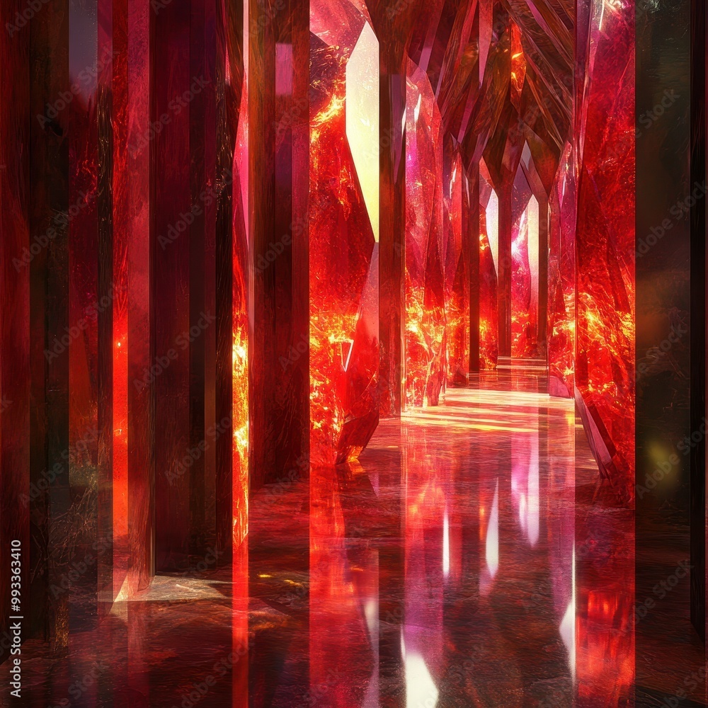Poster abstract red crystal corridor with reflective floor - 3d render.