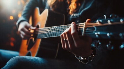 Obraz premium Close-up of a musician's hand playing an acoustic guitar with a blurred background of warm lights.