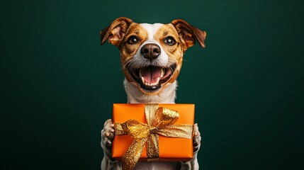 Happy Dog Holding a Gift Box Wrapped in Bright Paper