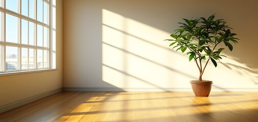 Indoor plant in a bright room with natural sunlight and wooden floor.