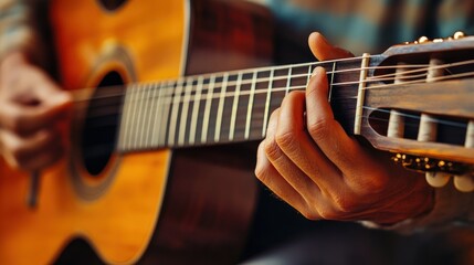 Fototapeta premium Close-up of a hand playing an acoustic guitar.