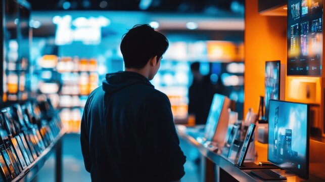 Shopper admiring the latest gadgets on display