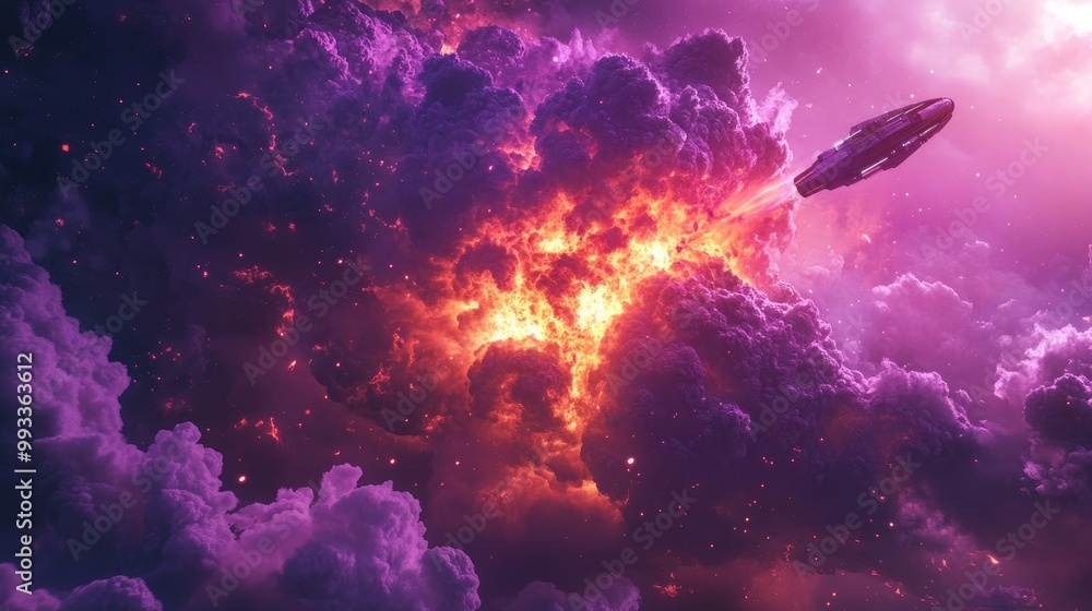 Poster a spaceship explodes in orbit around a distant planet surrounded by vibrant purple and pink clouds c
