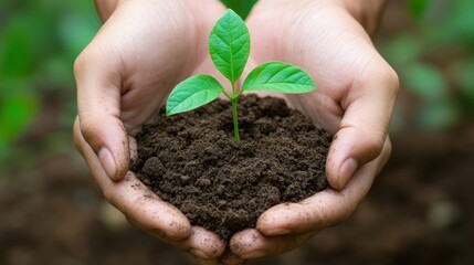 Closeup of hands holding a small green plant in soil.