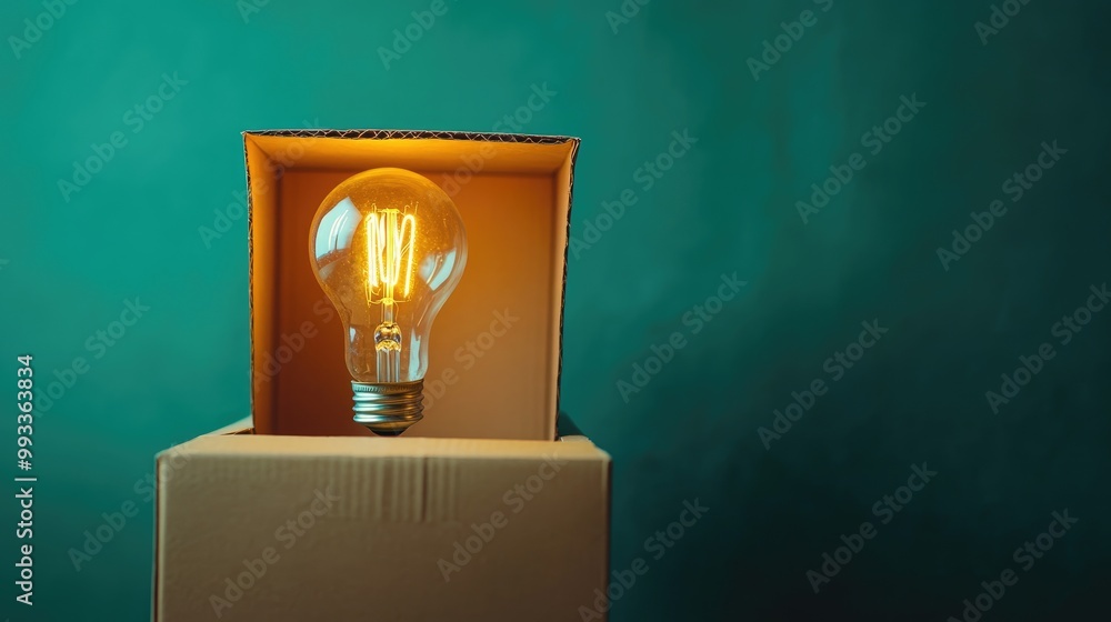 Poster Glowing light bulb inside a cardboard box set against a teal backdrop representing ideas and inventive thinking