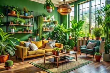 Lush Green Living Room with Natural Decor, Indoor Plants, and Cozy Atmosphere for Relaxation
