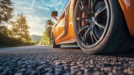 Close up of a shiny orange car on a black asphalt road with blurred trees and a blue sky in the background.
