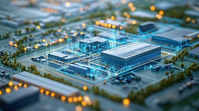 Panoramic view of a hyperconnected logistics campus, integrating warehouse automation, autonomous vehicles, and predictive maintenance for optimized operations