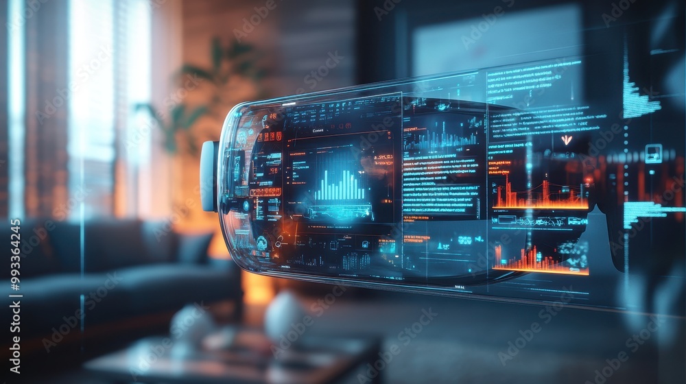 Poster futuristic hud interface with data and charts displayed on a transparent screen in a modern living r