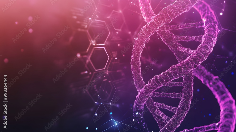 Poster abstract dna double helix with digital network background
