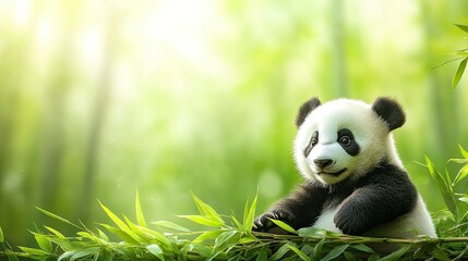 Obraz premium Cute panda cub sitting on its back, surrounded by bamboo, space for text in the green surroundings