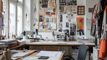 A stylish and trendy fashion design studio with inspiration boards and sewing machines
