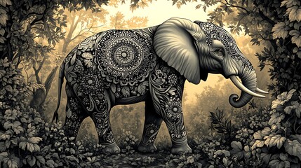 Fototapeta premium A majestic elephant adorned with intricate mandala patterns on its skin, standing in a vibrant jungle. The background features detailed trees and vines, with soft sunlight filtering through.